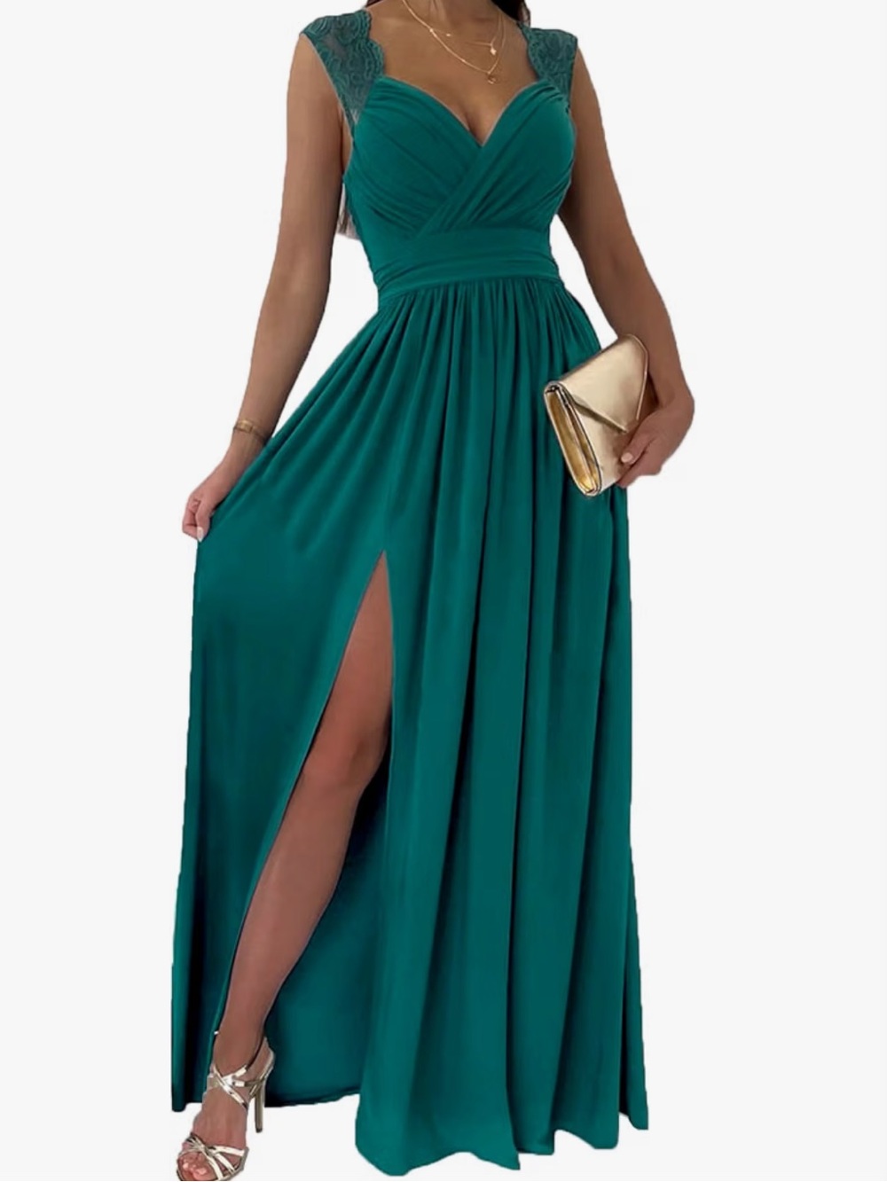 Teal V-Neck Lace-Shoulder Maxi Dress with High Slit